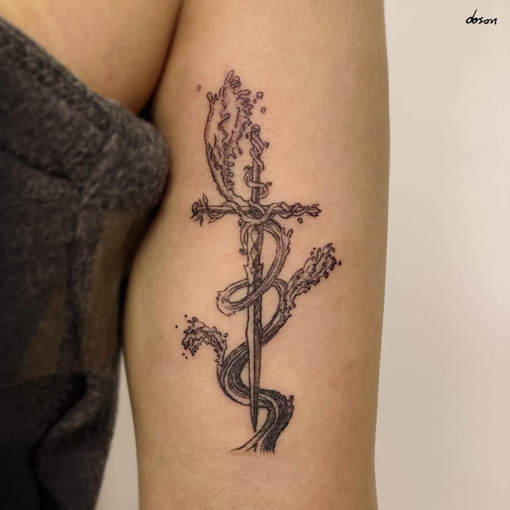 Serpent entwined sword tattoo design, combining the symbolism of transformation and healing with the strength of the sword.
