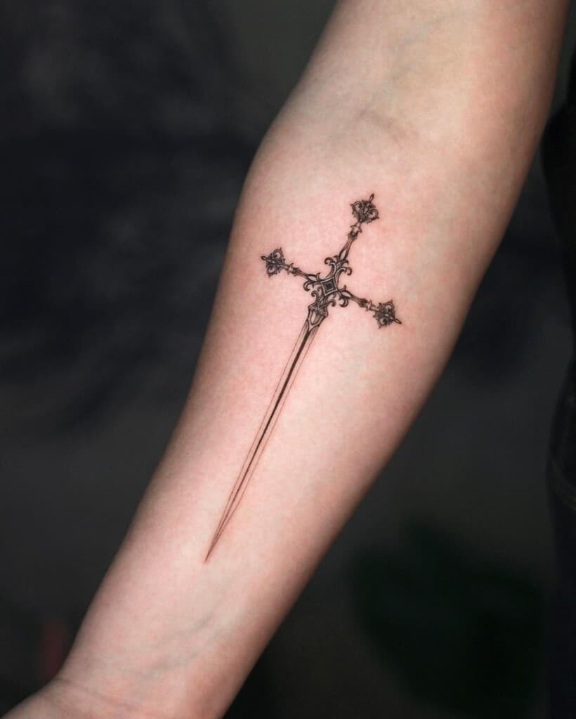Elegant sword tattoo design, focusing on graceful lines and refined details for a sophisticated and stylish tattoo.