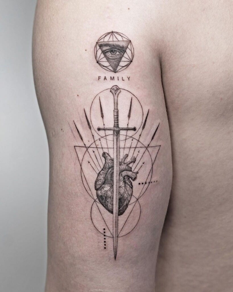 Heart and sword tattoo symbolizing strength and courage intertwined with love and compassion, chosen by those who have overcome challenges.