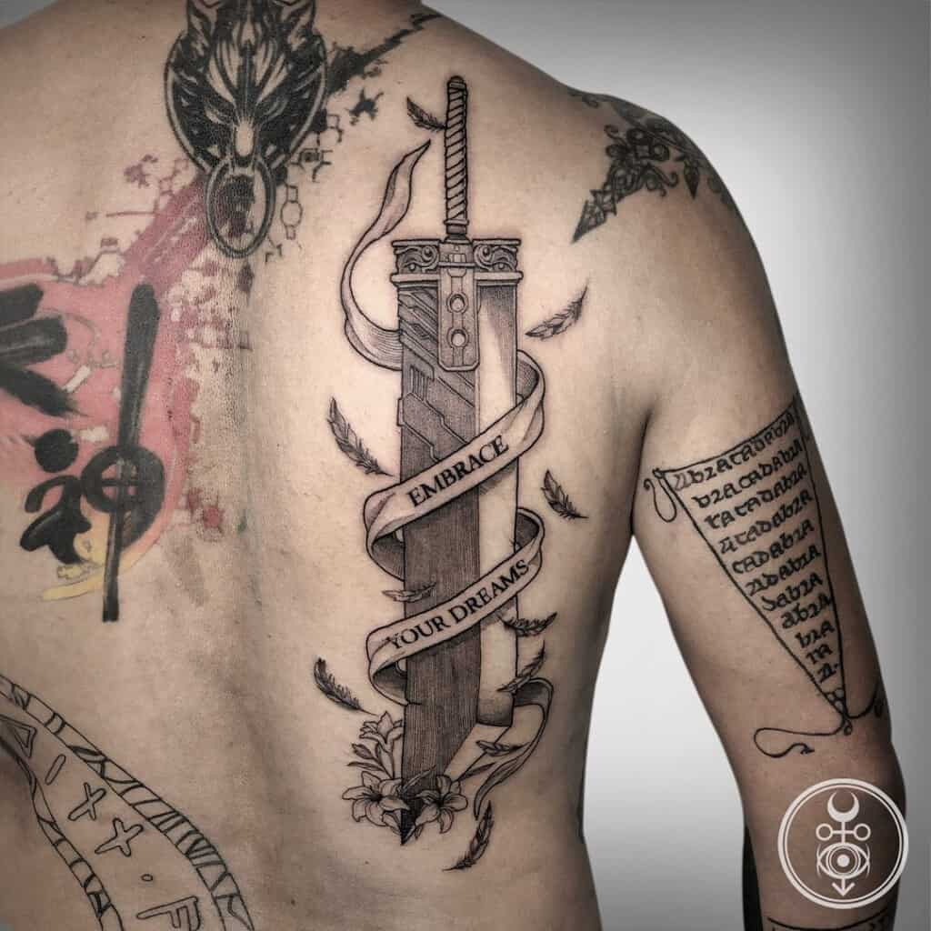 Viking sword tattoo design, incorporating runes, knotwork, and Viking imagery for a historically inspired and powerful tattoo.