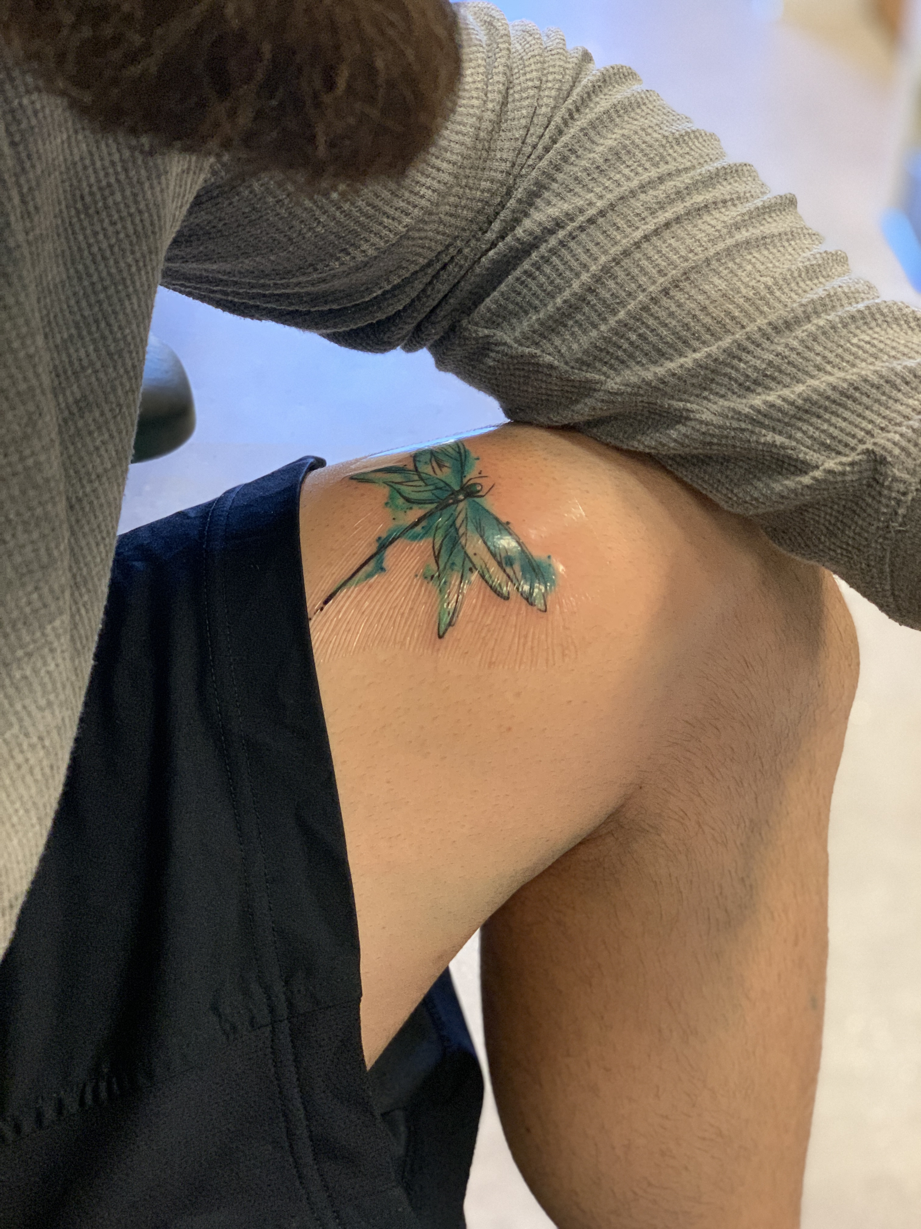 Close-up of a son's newly finished dragonfly tattoo on his knee, protected with a transparent film for healing.