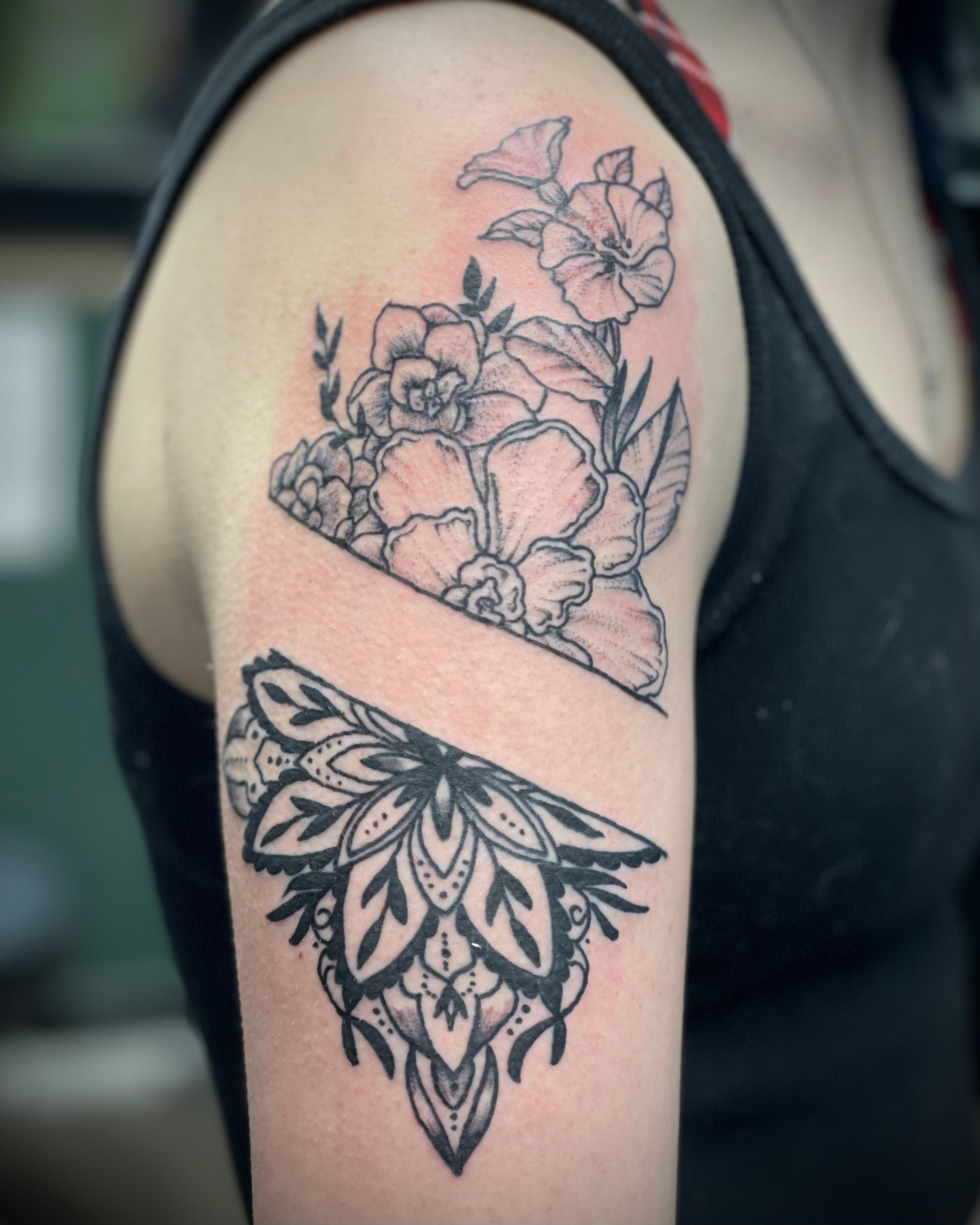 Split floral sleeve tattoo by TatsbyWes, January 2023