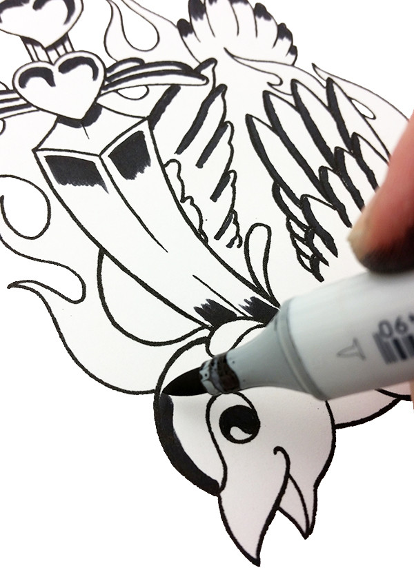 Close-up of black ink application with Copic marker