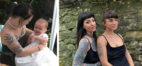 Jen and her daughter Molly, pictured in earlier years and then in present day, showcasing the mother-daughter bond and tattoo journey