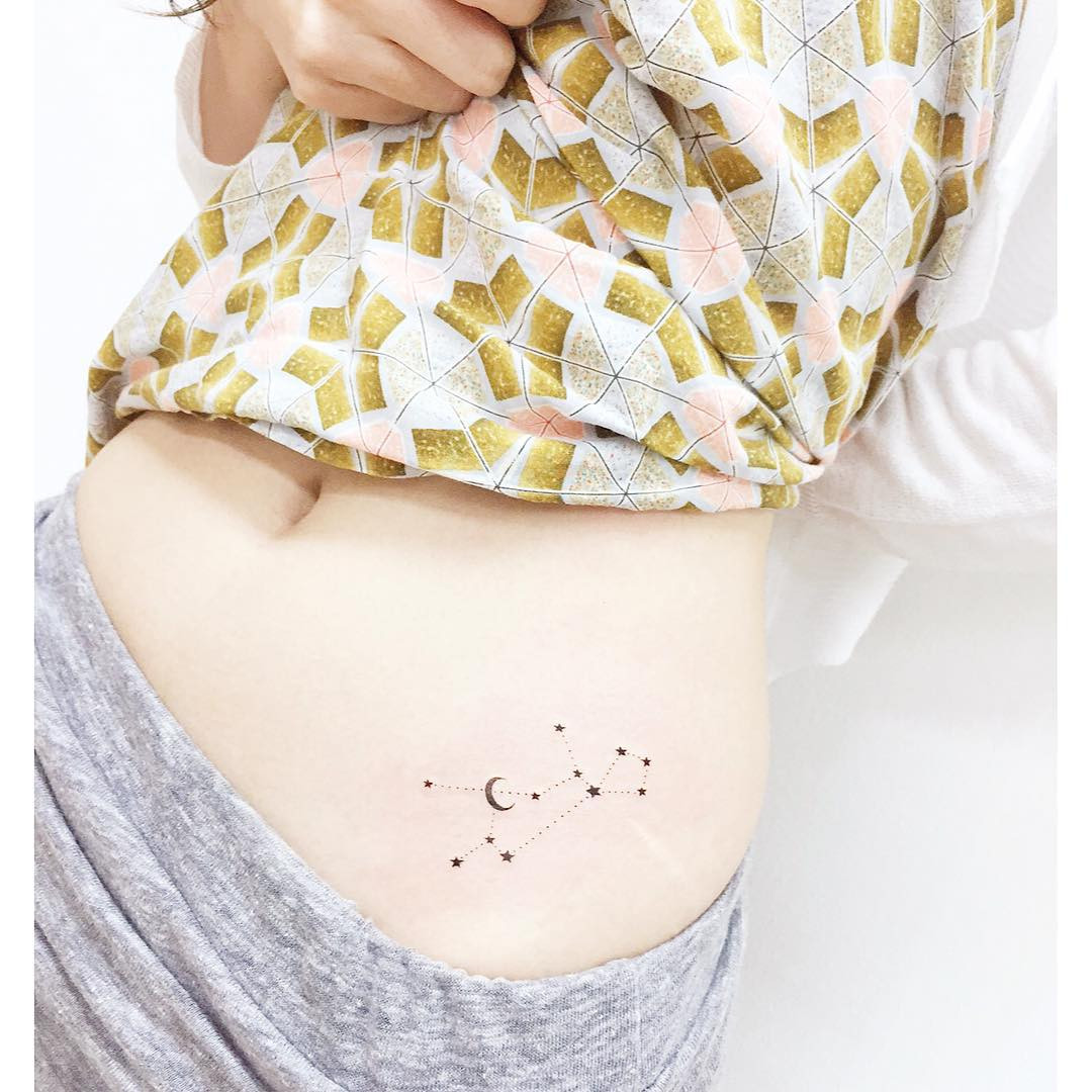 Constellation tattoo on forearm, minimalist star pattern design