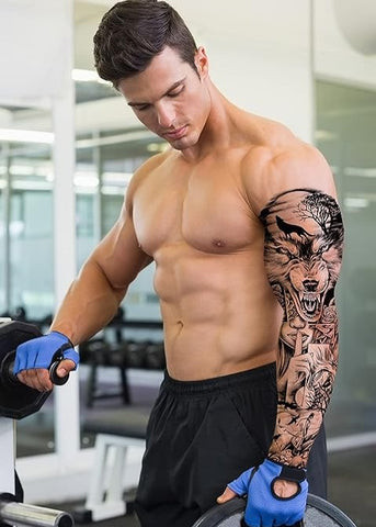 Selection of temporary tattoo sleeves for men, offering a variety of designs and styles for non-permanent body art