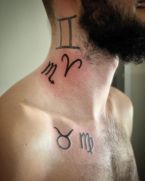 Taurus and Virgo zodiac symbol tattoo with earth tone colors on the forearm