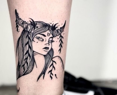 Artistic black and grey ink Taurus goddess tattoo on the back