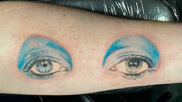 David Bowie eyes forearm tattoo by Taylor Watts, Caffeinated Caterpillar Tattoo Spa