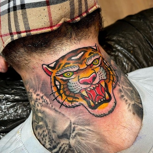 Trendy tiger neck tattoo for a bold and visible statement