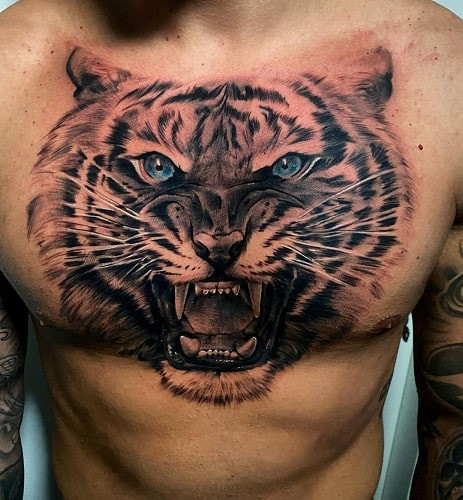 Masculine tiger tattoo chest symbolizing inner strength