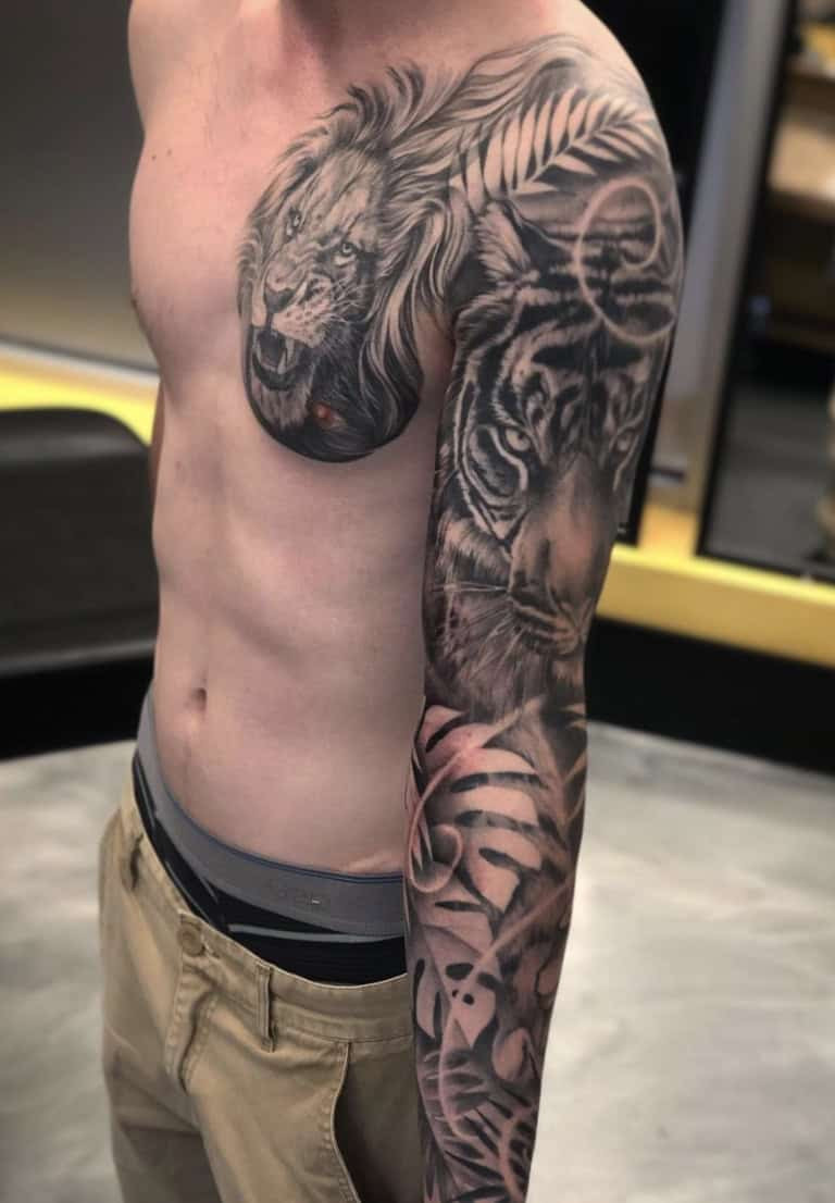 Showcase tiger sleeve tattoo for detailed and expansive art