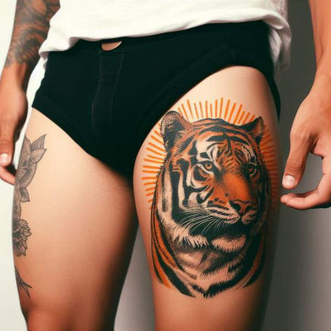 Bold black and grey tiger head thigh tattoo for men.