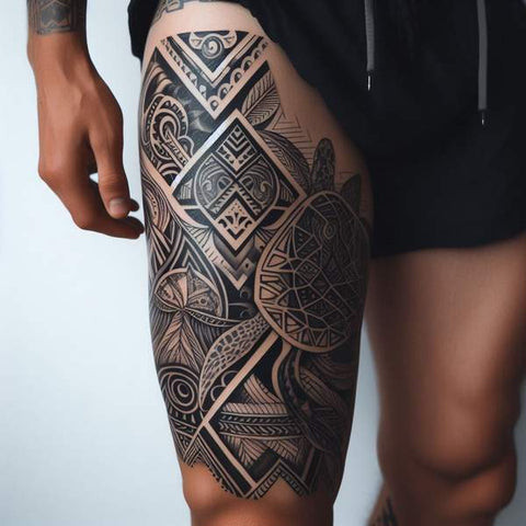 Bold and colorful traditional style thigh tattoo for men.