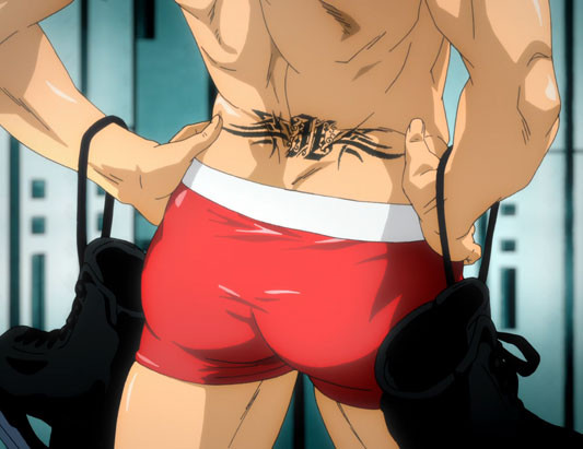 Jean-Jacques Leroy from Yuri!!! on Ice, showcasing a tramp stamp tattoo, a counterpart to the womb tattoo.