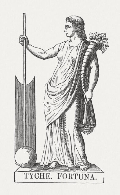 Illustration of Fortuna, the Roman goddess of fortune, linking the tattoo phrase to its mythological origins and concepts of bravery and luck.