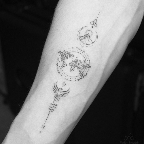 Two unalome tattoos on men, one on the forearm with a unalome symbol and lotus and another on the arm with a minimalist unalome outline.