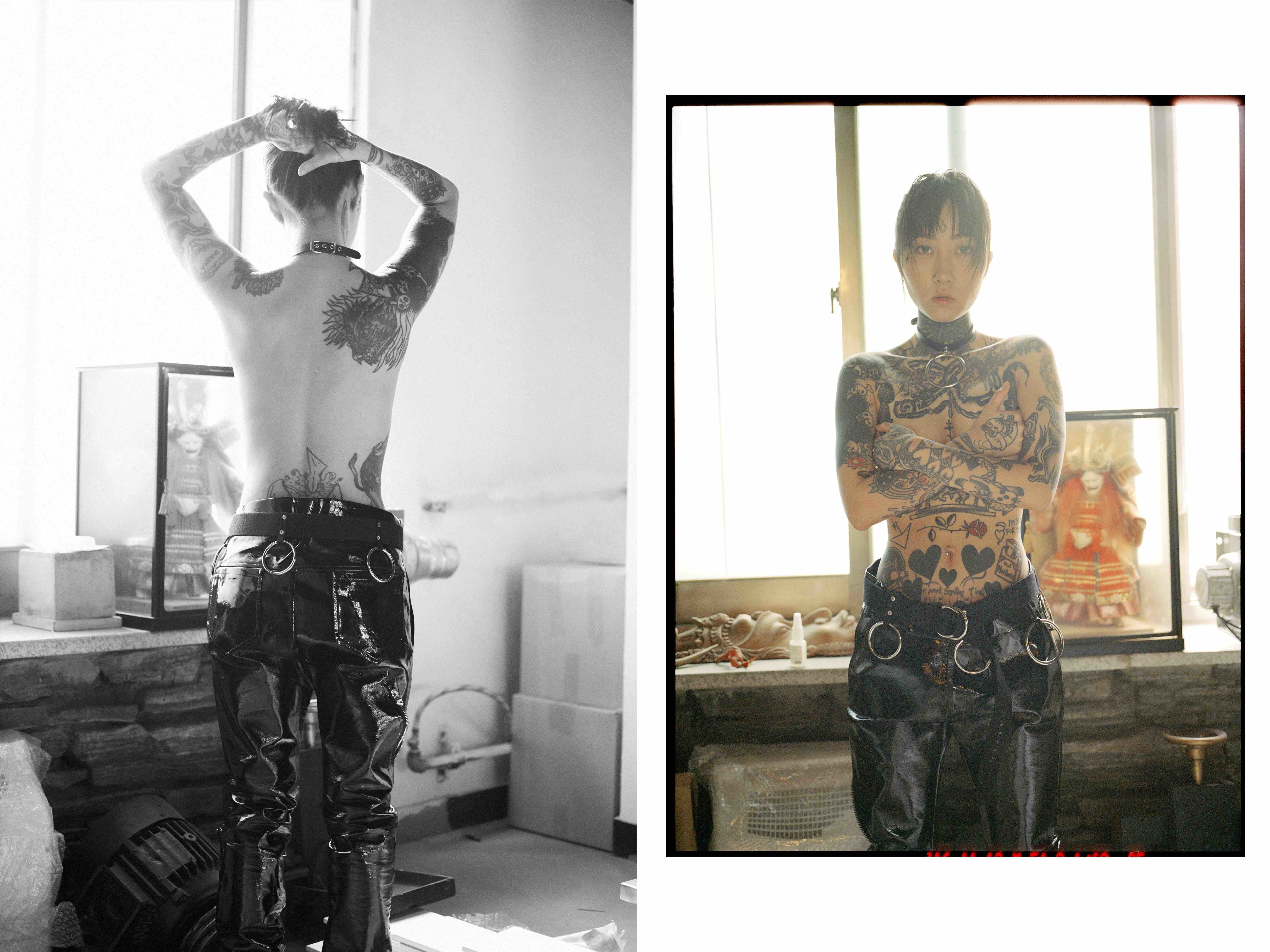 Korean female tattoo artist Lyuhwa showcasing her extensive tattoo art