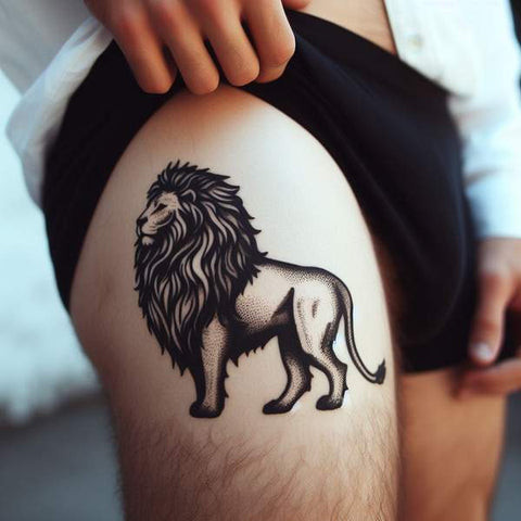 Minimalist black ink upper thigh tattoo design for men.