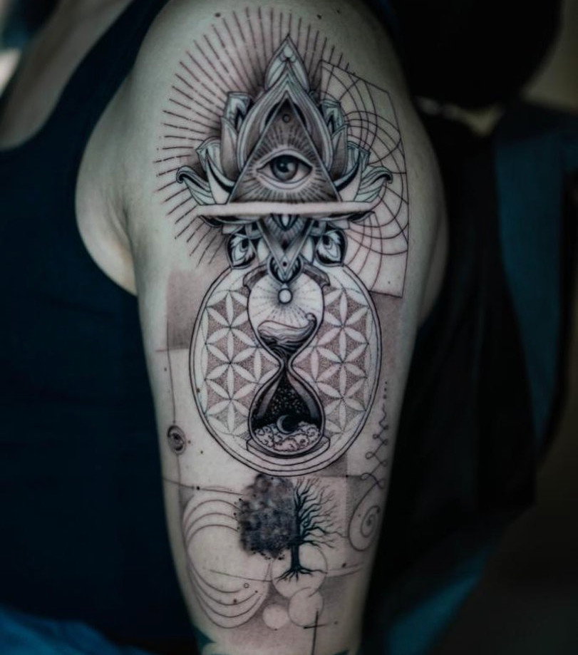 Abstract eye tattoo on a person's leg, incorporated with flowing lines and artistic elements, representing observation and awareness in a creative and fluid design.