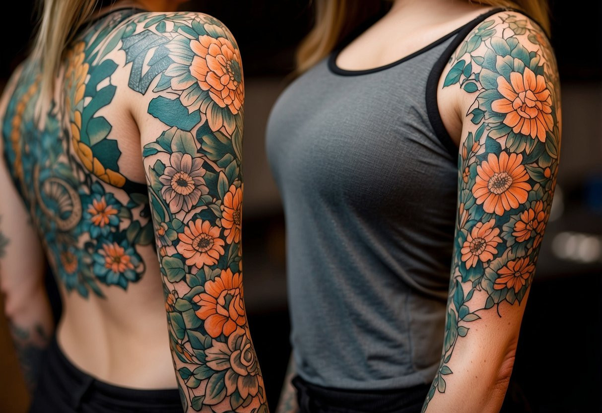 A female sleeve tattoo design featuring intricate floral patterns and vibrant colors