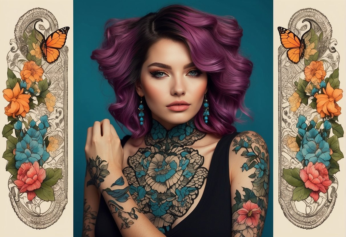 A vibrant garden of flowers, butterflies, and intricate lace patterns intertwine on a woman