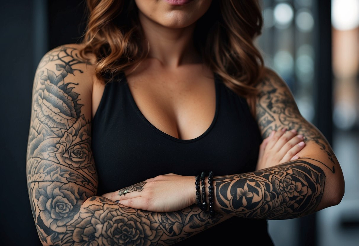 A female sleeve adorned with symbolic tattoos representing themes of nature, strength, and resilience