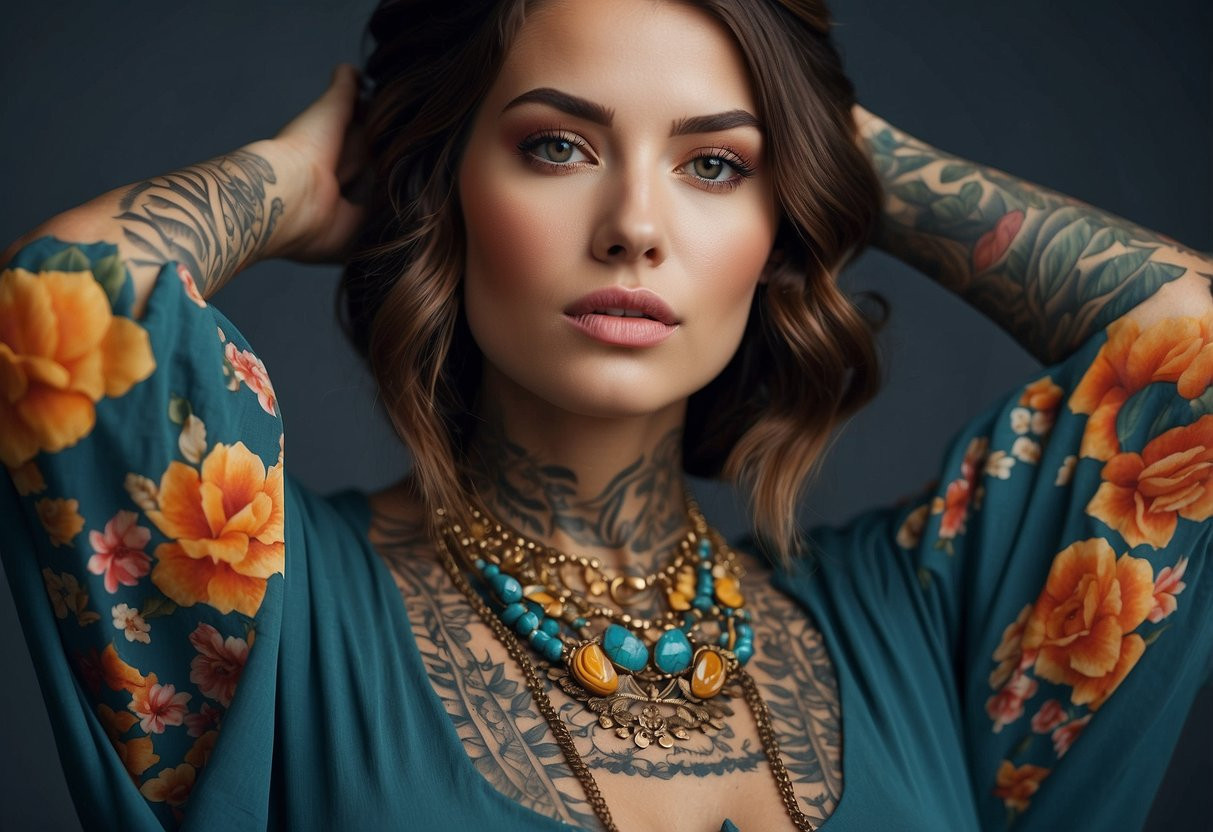 A vibrant, floral sleeve tattoo design with intricate details and bold colors, showcasing feminine empowerment and beauty