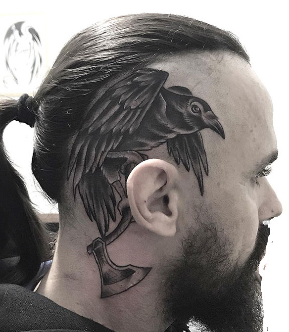 Full head Viking tattoo design with complex interwoven patterns and shading reminiscent of Norse art.