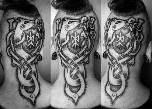 Two viking tattoos on men, one on the forearm with a Viking warrior and helmet and another on the arm with a Thor's hammer symbol.