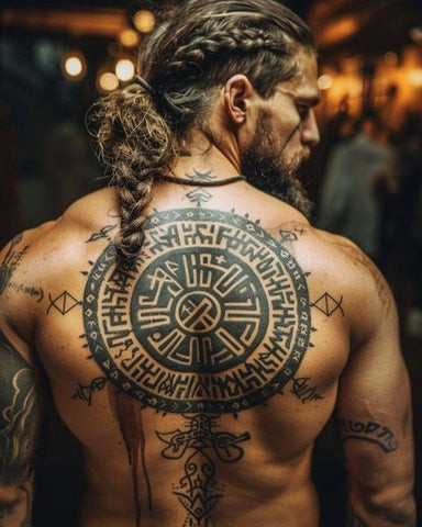 Viking back tattoo design inspired by Norse mythology, showcasing warrior symbols