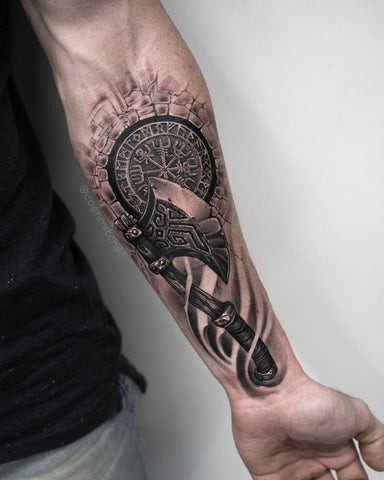 Viking sleeve tattoo featuring Viking warriors, Norse runes, and Viking ships in a historical style