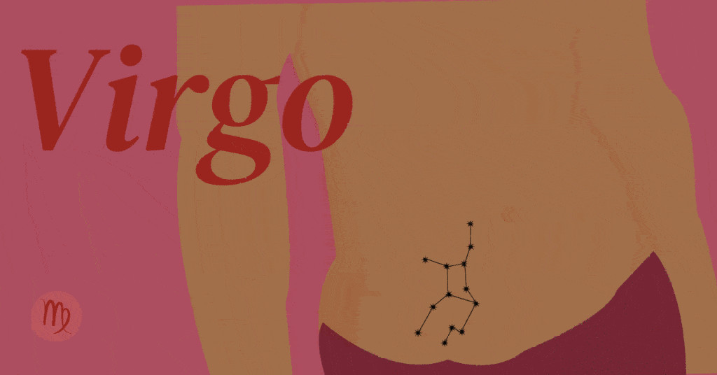 Virgo zodiac tattoo design featuring a maiden holding wheat and a floral constellation.