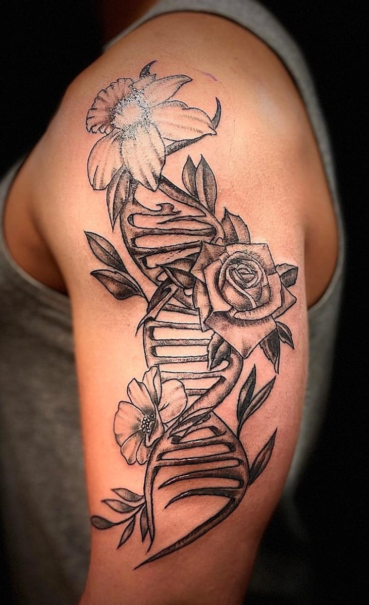 DNA strand shoulder tattoo design for men