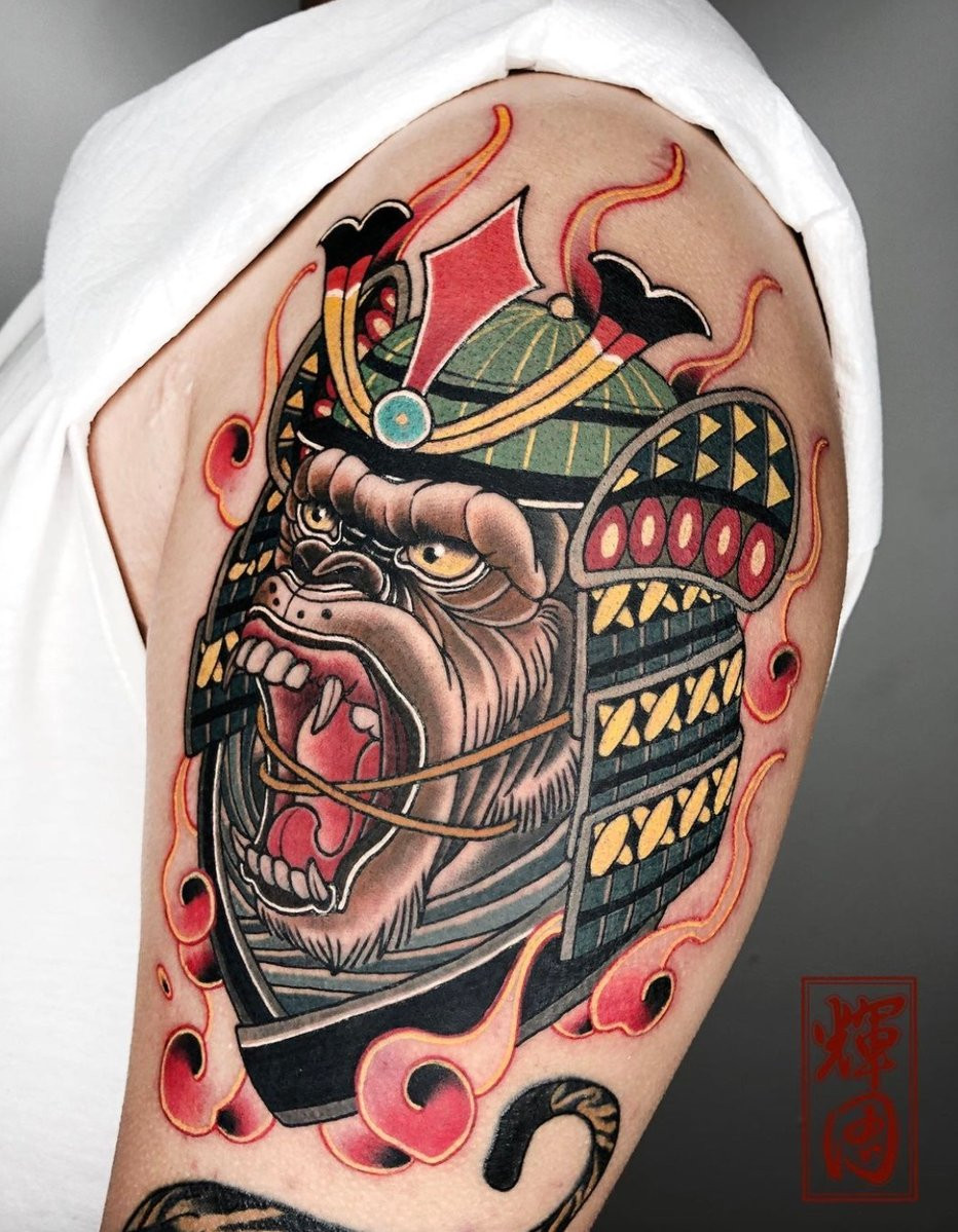 Vibrant and colorful abstract shoulder tattoo