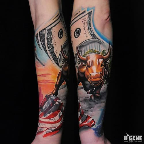Black and grey ink Wall Street bull tattoo in a graphic style on the forearm