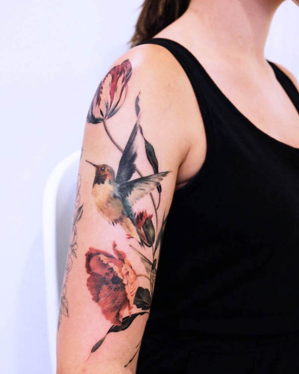 Watercolor bird and flower half sleeve tattoo by @shirleyliang.tattoos