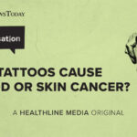 Illustration depicting a hand holding a tattoo machine, representing a podcast discussion about tattoos and cancer risk