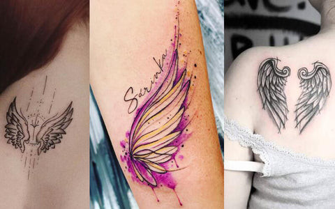 Elegant wings tattoo spanning across a woman's upper back, symbolizing freedom and aspiration.