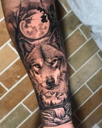 Realistic wolf head tattoo on the forearm, representing loyalty in men tattoo ideas.