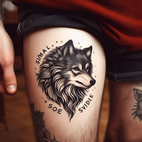 Realistic black and grey wolf head thigh tattoo for men.