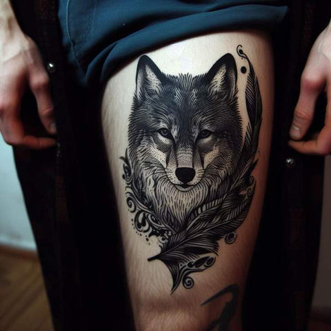 Geometric style wolf thigh tattoo for men.