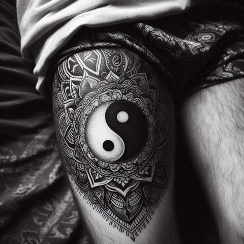 Classic black and white yin yang thigh tattoo for men.