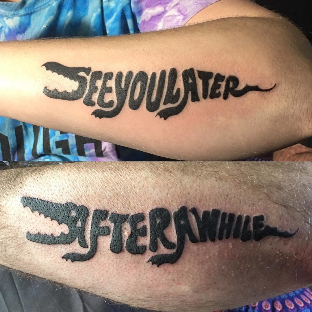 Alligator and crocodile tattoos paired with &quot;See you later Alligator, After a while Crocodile&quot; quote, a cute and creative tattoo idea.