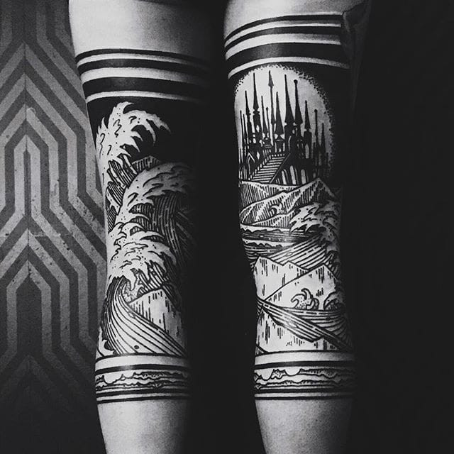 Large scale castle blackwork leg tattoo