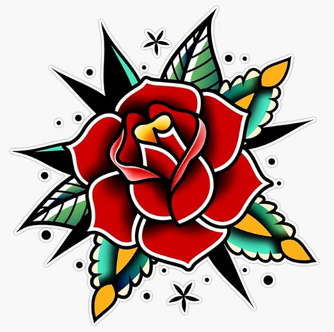 Traditional red rose with leaves tattoo design