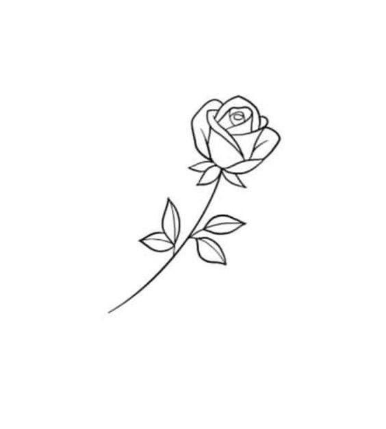 Minimalist black-and-white rose line drawing with stem and leaves.