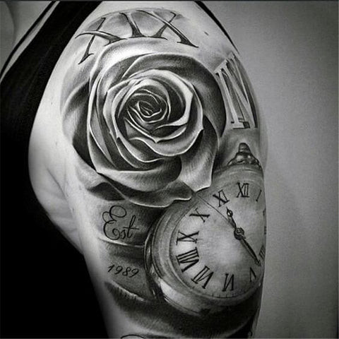 Roman numeral rose tattoo featuring a delicate rose intertwined with Roman numerals
