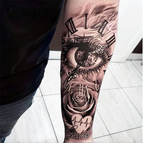 Roman numeral eye tattoo emphasizing realism with shading and highlights