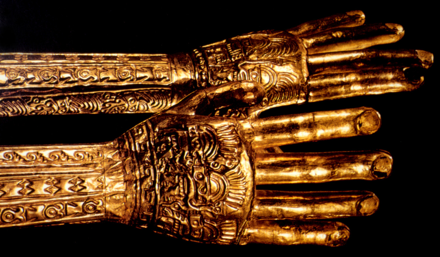 Moche gold hands showcasing intricate tattoo designs meant to carry the tattoos into eternity